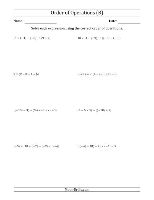 The Order of Operations with Negative and Positive Integers and No Exponents (Four Steps) (B) Math Worksheet