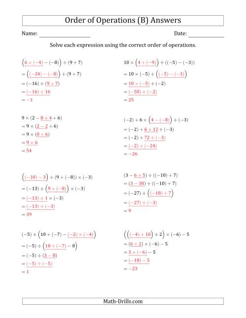 The Order of Operations with Negative and Positive Integers and No Exponents (Four Steps) (B) Math Worksheet Page 2