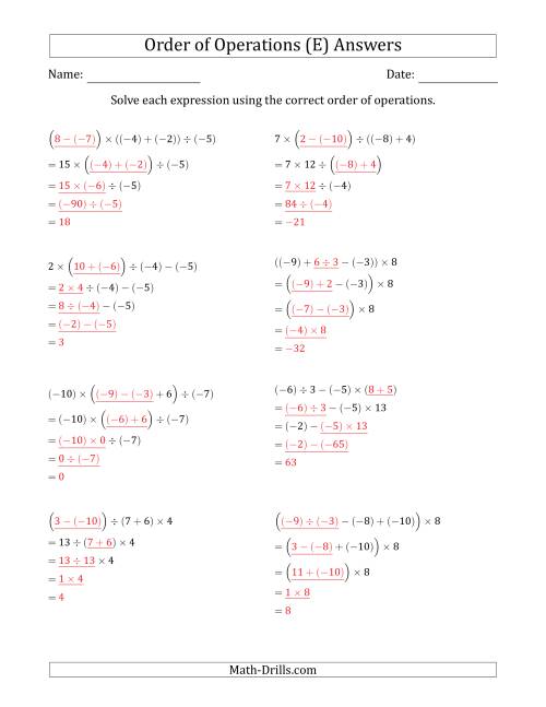 The Order of Operations with Negative and Positive Integers and No Exponents (Four Steps) (E) Math Worksheet Page 2