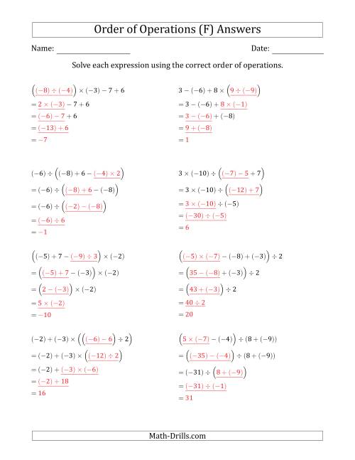 The Order of Operations with Negative and Positive Integers and No Exponents (Four Steps) (F) Math Worksheet Page 2