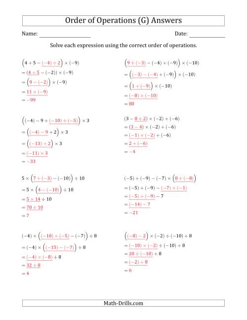 The Order of Operations with Negative and Positive Integers and No Exponents (Four Steps) (G) Math Worksheet Page 2