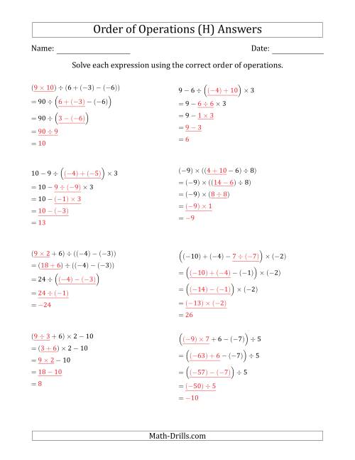The Order of Operations with Negative and Positive Integers and No Exponents (Four Steps) (H) Math Worksheet Page 2