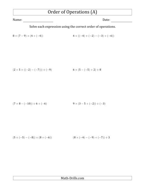 The Order of Operations with Negative and Positive Integers and No Exponents (Four Steps) (All) Math Worksheet