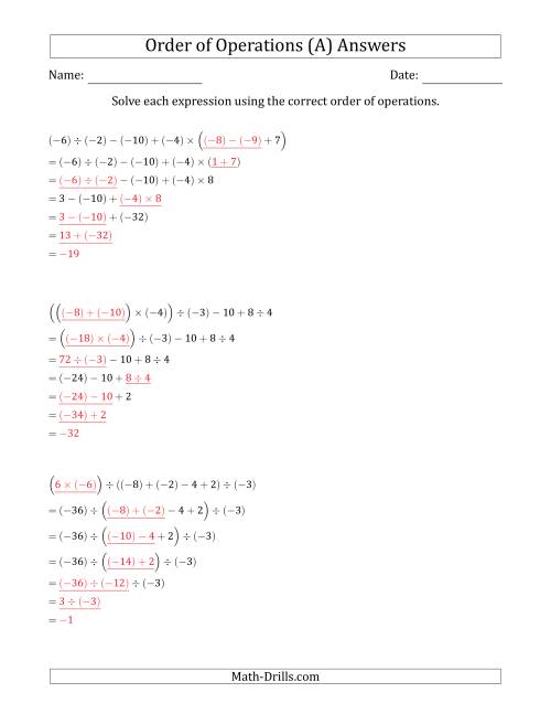 The Order of Operations with Negative and Positive Integers and No Exponents (Six Steps) (A) Math Worksheet Page 2