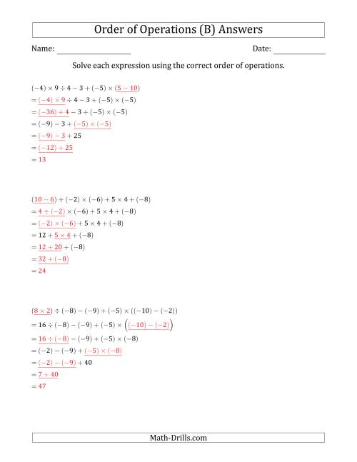 The Order of Operations with Negative and Positive Integers and No Exponents (Six Steps) (B) Math Worksheet Page 2