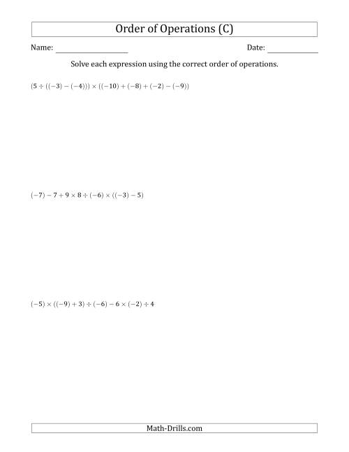 The Order of Operations with Negative and Positive Integers and No Exponents (Six Steps) (C) Math Worksheet