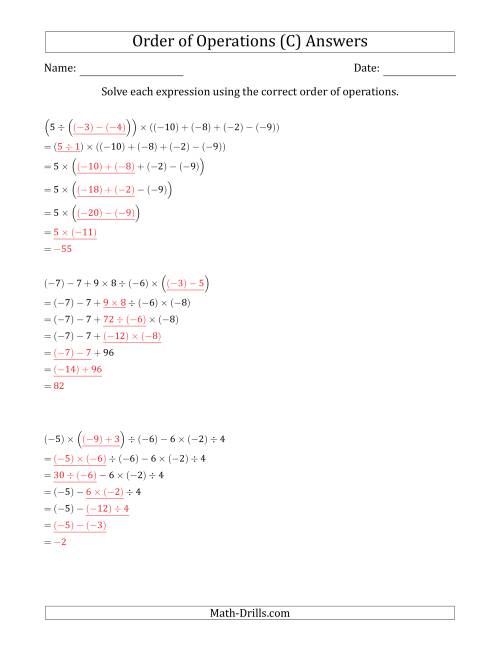 The Order of Operations with Negative and Positive Integers and No Exponents (Six Steps) (C) Math Worksheet Page 2