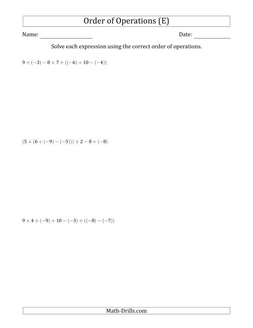 The Order of Operations with Negative and Positive Integers and No Exponents (Six Steps) (E) Math Worksheet