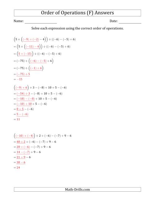 The Order of Operations with Negative and Positive Integers and No Exponents (Six Steps) (F) Math Worksheet Page 2