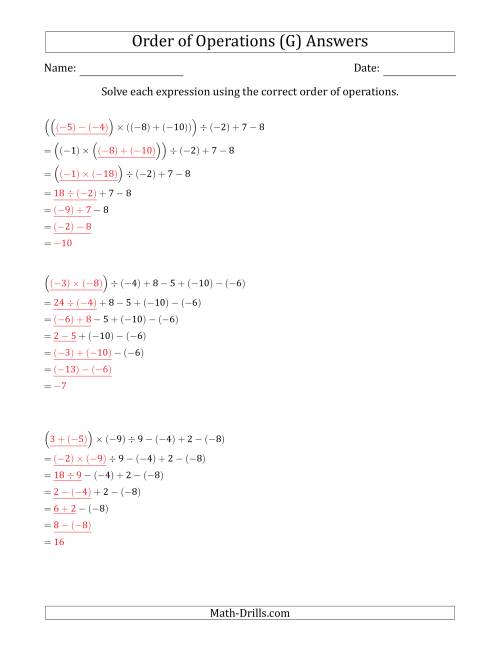 The Order of Operations with Negative and Positive Integers and No Exponents (Six Steps) (G) Math Worksheet Page 2