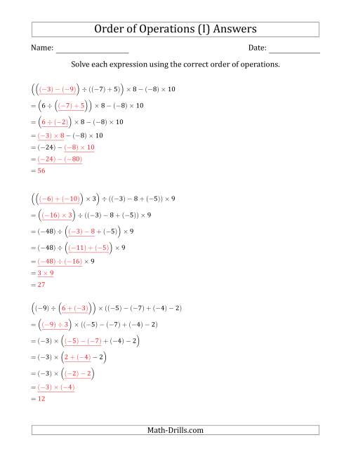 The Order of Operations with Negative and Positive Integers and No Exponents (Six Steps) (I) Math Worksheet Page 2