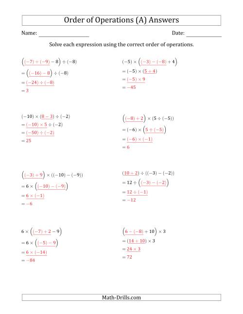 The Order of Operations with Negative and Positive Integers and No Exponents (Three Steps) (A) Math Worksheet Page 2