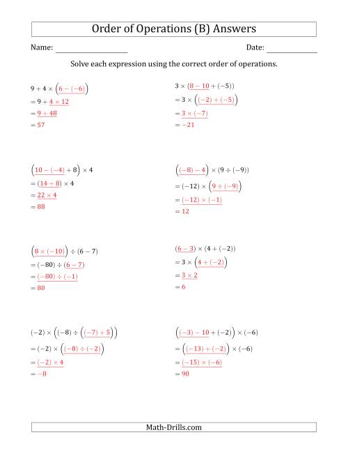 The Order of Operations with Negative and Positive Integers and No Exponents (Three Steps) (B) Math Worksheet Page 2