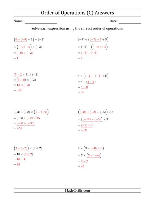 The Order of Operations with Negative and Positive Integers and No Exponents (Three Steps) (C) Math Worksheet Page 2