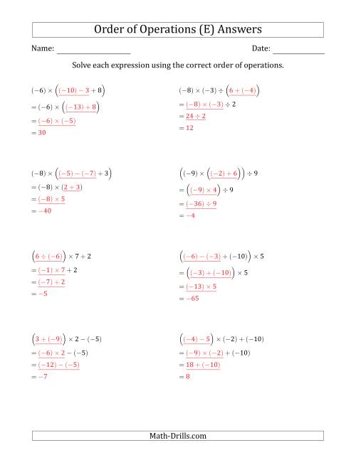 The Order of Operations with Negative and Positive Integers and No Exponents (Three Steps) (E) Math Worksheet Page 2