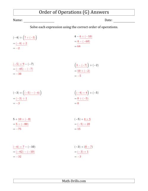 The Order of Operations with Negative and Positive Integers and No Exponents (Two Steps) (G) Math Worksheet Page 2