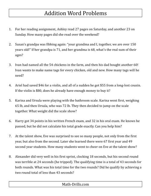 The Single-Step Addition Word Problems Using Two-Digit Numbers (A) Math Worksheet