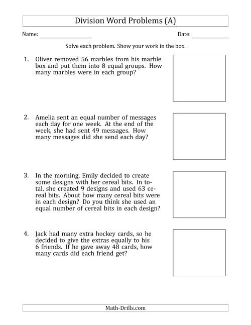 The Division Word Problems with Division Facts from 5 to 12 (A) Math Worksheet