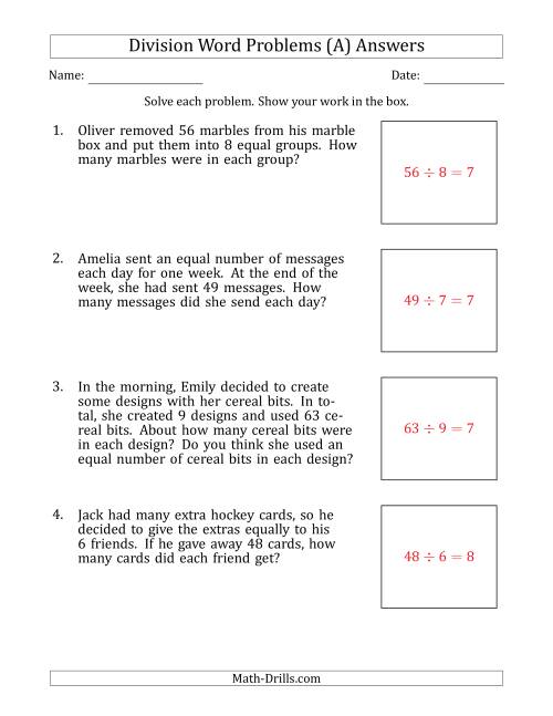 The Division Word Problems with Division Facts from 5 to 12 (A) Math Worksheet Page 2