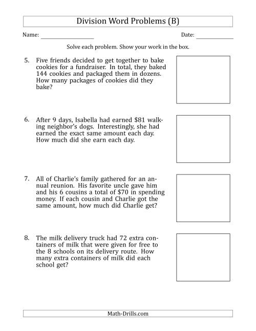 The Division Word Problems with Division Facts from 5 to 12 (B) Math Worksheet