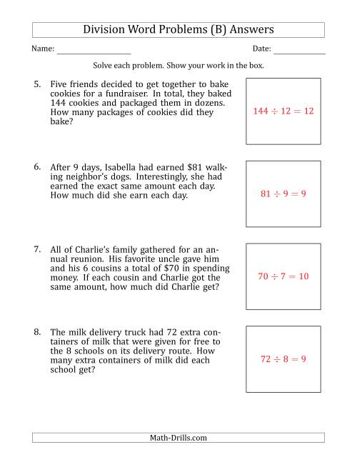 The Division Word Problems with Division Facts from 5 to 12 (B) Math Worksheet Page 2