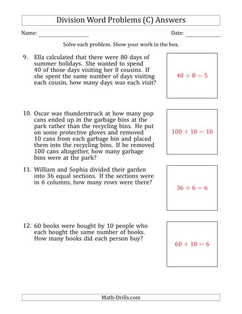 The Division Word Problems with Division Facts from 5 to 12 (C) Math Worksheet Page 2