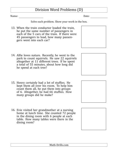 The Division Word Problems with Division Facts from 5 to 12 (D) Math Worksheet