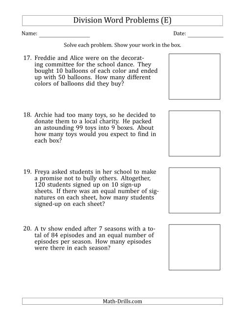 The Division Word Problems with Division Facts from 5 to 12 (E) Math Worksheet