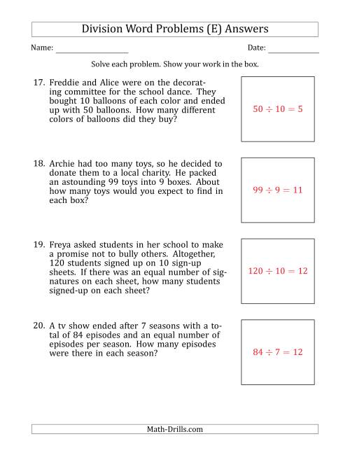 The Division Word Problems with Division Facts from 5 to 12 (E) Math Worksheet Page 2