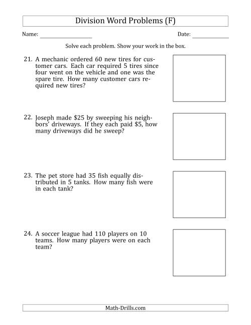 The Division Word Problems with Division Facts from 5 to 12 (F) Math Worksheet