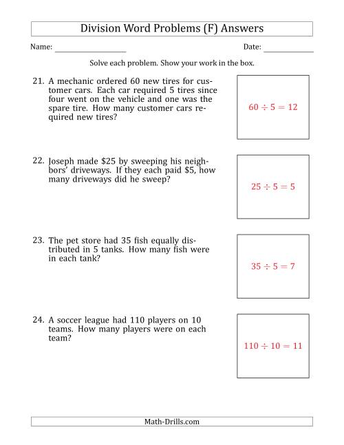 The Division Word Problems with Division Facts from 5 to 12 (F) Math Worksheet Page 2