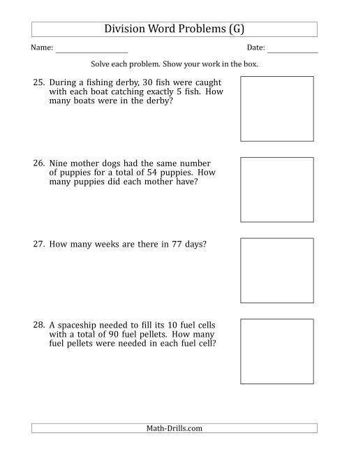The Division Word Problems with Division Facts from 5 to 12 (G) Math Worksheet
