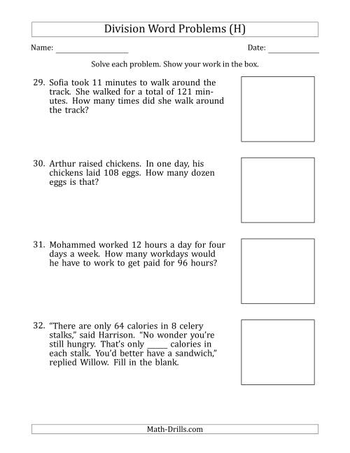 The Division Word Problems with Division Facts from 5 to 12 (H) Math Worksheet