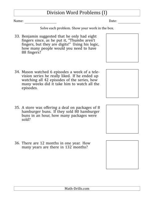 The Division Word Problems with Division Facts from 5 to 12 (I) Math Worksheet