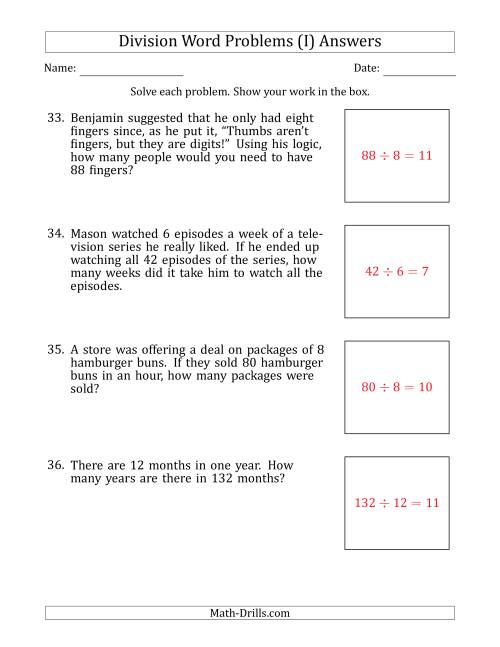 The Division Word Problems with Division Facts from 5 to 12 (I) Math Worksheet Page 2