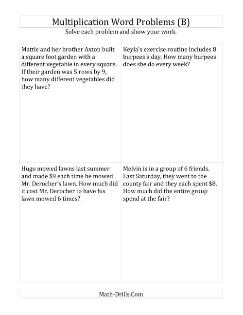 The Single-Step Multiplication Word Problems up to 10 x 10 (B) Math Worksheet