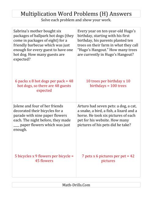 The Single-Step Multiplication Word Problems up to 10 x 10 (H) Math Worksheet Page 2