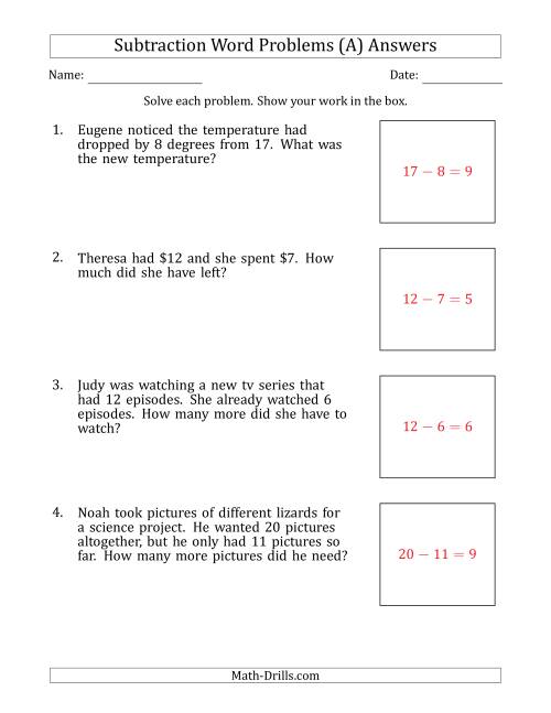 The Subtraction Word Problems with Subtraction Facts from 5 to 12 (A) Math Worksheet Page 2