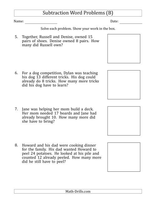 The Subtraction Word Problems with Subtraction Facts from 5 to 12 (B) Math Worksheet