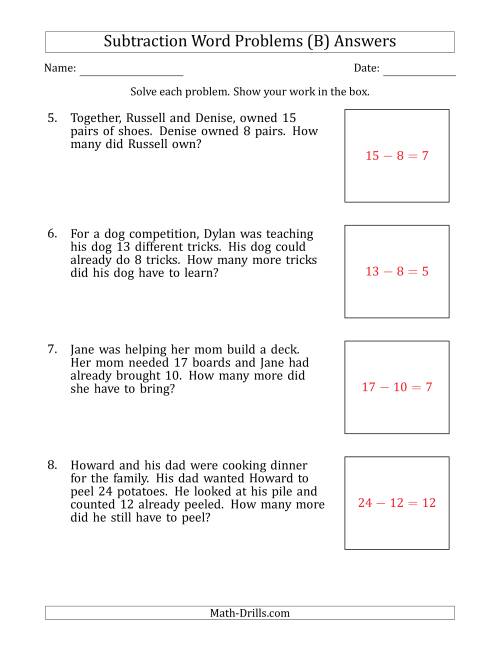 The Subtraction Word Problems with Subtraction Facts from 5 to 12 (B) Math Worksheet Page 2