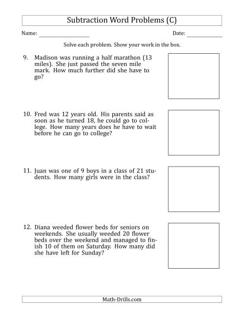 The Subtraction Word Problems with Subtraction Facts from 5 to 12 (C) Math Worksheet
