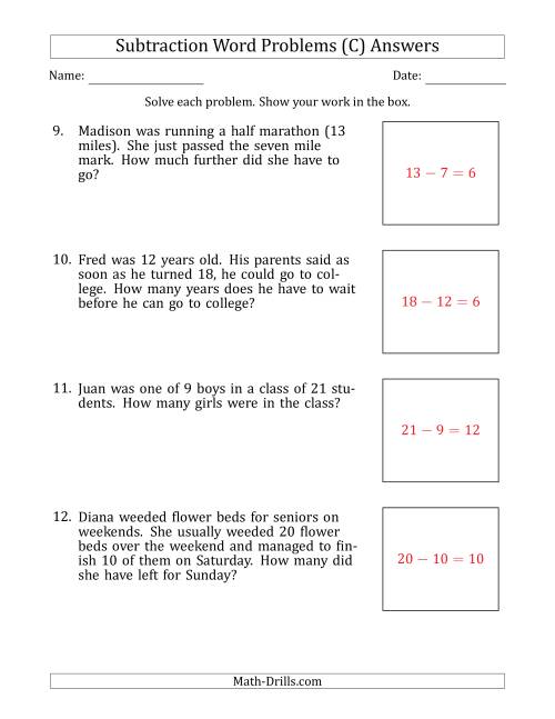 The Subtraction Word Problems with Subtraction Facts from 5 to 12 (C) Math Worksheet Page 2