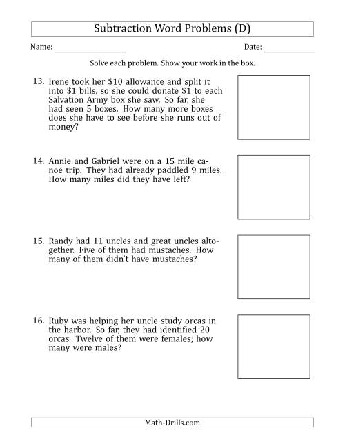 The Subtraction Word Problems with Subtraction Facts from 5 to 12 (D) Math Worksheet