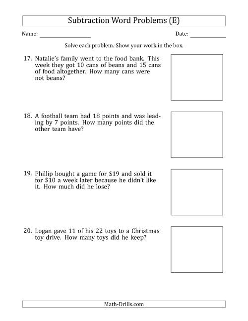 The Subtraction Word Problems with Subtraction Facts from 5 to 12 (E) Math Worksheet