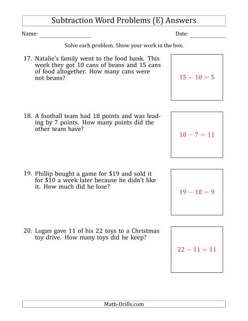 The Subtraction Word Problems with Subtraction Facts from 5 to 12 (E) Math Worksheet Page 2