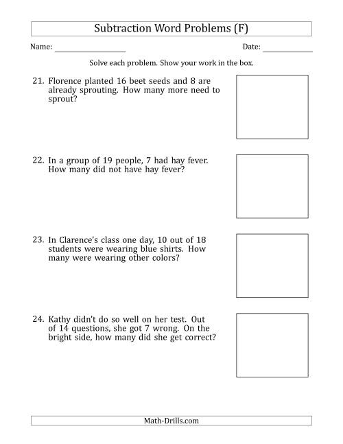 The Subtraction Word Problems with Subtraction Facts from 5 to 12 (F) Math Worksheet