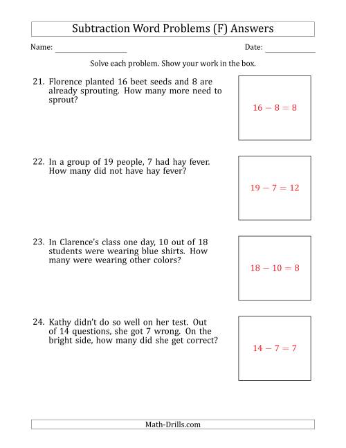 The Subtraction Word Problems with Subtraction Facts from 5 to 12 (F) Math Worksheet Page 2