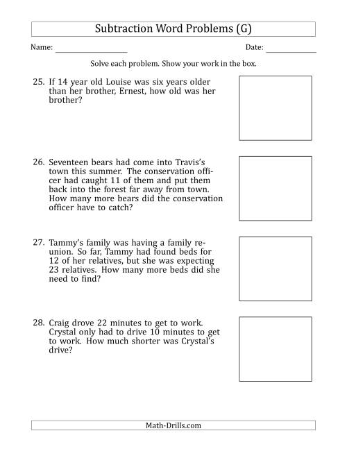 The Subtraction Word Problems with Subtraction Facts from 5 to 12 (G) Math Worksheet