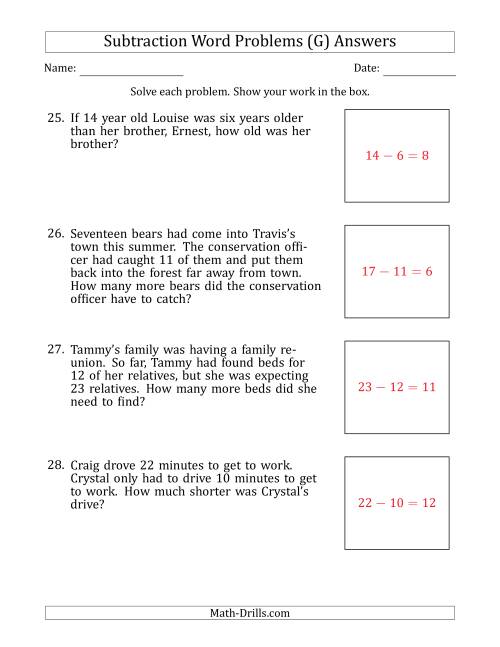 The Subtraction Word Problems with Subtraction Facts from 5 to 12 (G) Math Worksheet Page 2