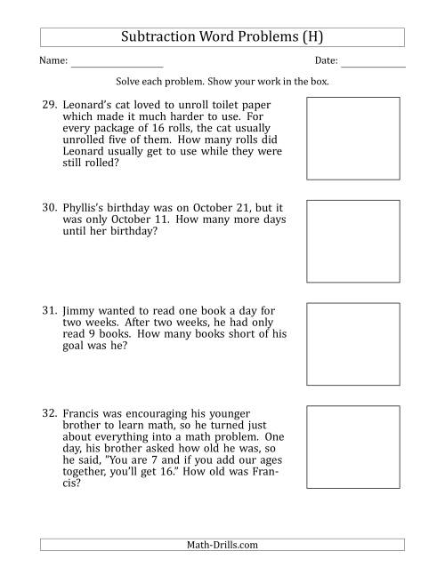 The Subtraction Word Problems with Subtraction Facts from 5 to 12 (H) Math Worksheet